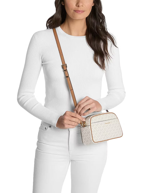 Michael Kors Women's Jet Set Small Signature Logo Camera Crossbody Bag Vanilla/Acorn