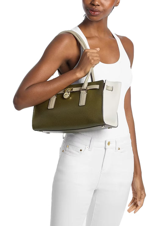 Michael Kors Women's Hamilton Small Color-Blocked Leather Satchel Bag Loden Multi