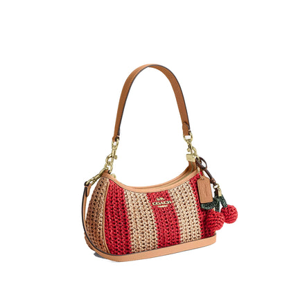 Coach Women's Teri Shoulder Bag With Stripes And Charm Gold/Red/Tan