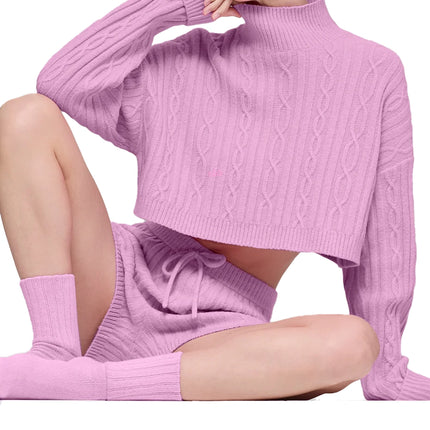 alo Women's Cable Knit Cropped Winter Bliss Turtleneck Long Sleeve Candy Heart Pink