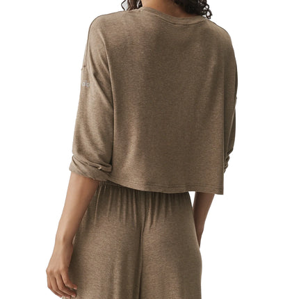 alo Women's Semi-Sheer Oasis Boxy Long Sleeve Java Brown Heather
