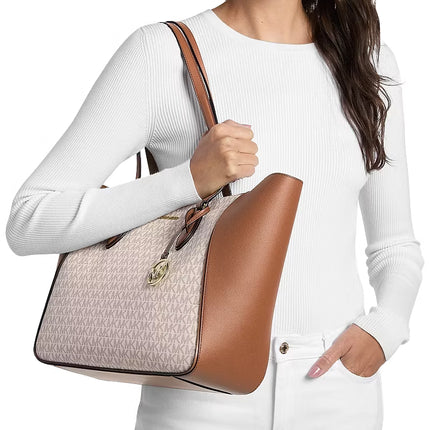 Michael Kors Women's Jet Set Travel Large Signature Logo 3-in-1 Tote Bag Vanilla/Gold
