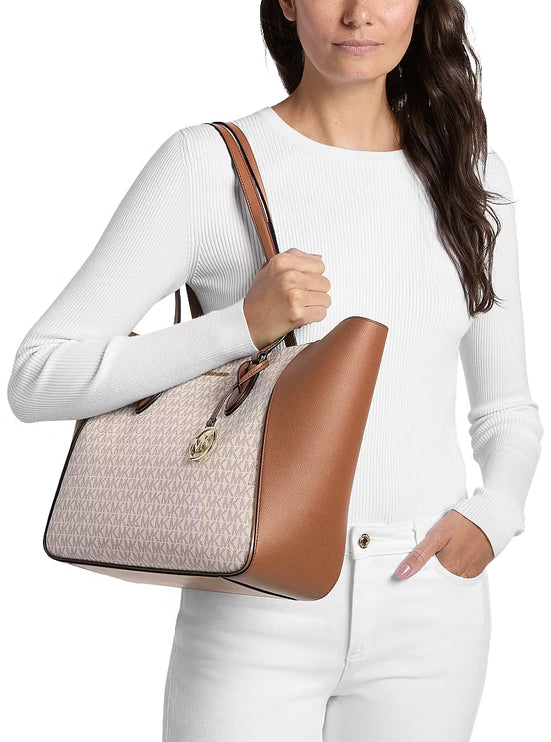Michael Kors Women's Jet Set Travel Large Signature Logo 3-in-1 Tote Bag Vanilla/Gold