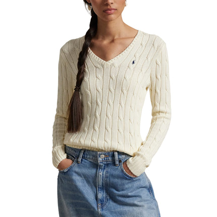 Polo Ralph Lauren Women's Cable-Knit Cotton V-Neck Sweater Cream