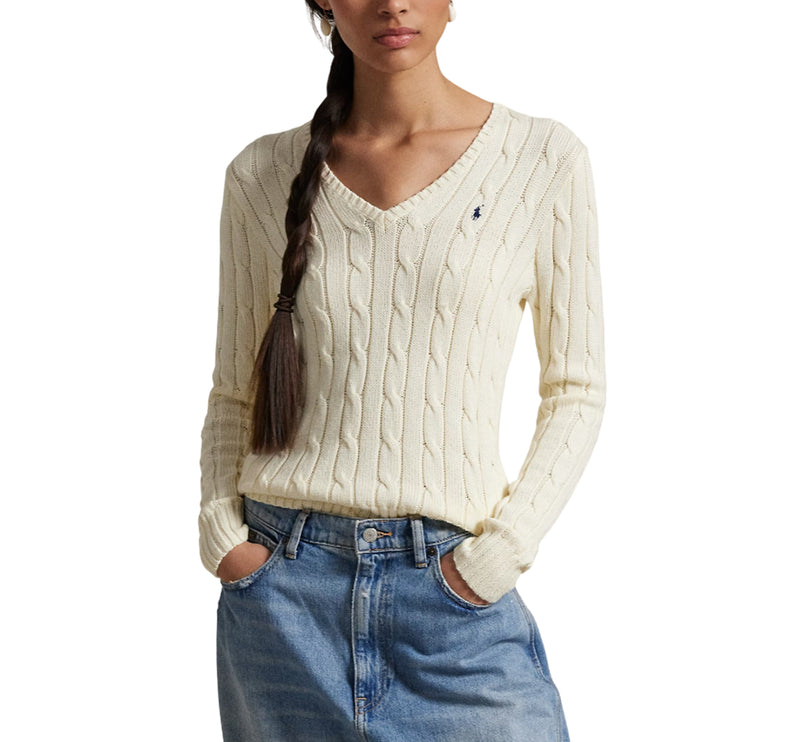 Polo Ralph Lauren Women's Cable-Knit Cotton V-Neck Sweater Cream