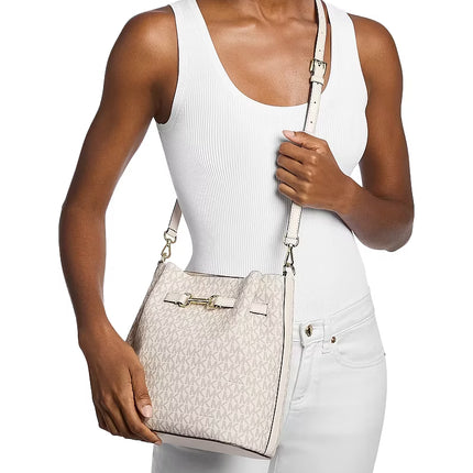 Michael Kors Women's Carson Medium Signature Logo Convertible Bucket Crossbody Bag Light Cream Multi