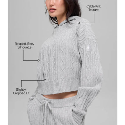 alo Women's Cable Knit Winter Bliss Hoodie Athletic Heather Grey