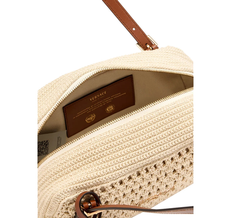 Versace Women's Versace Tag Raffia Bowling Bag Beige