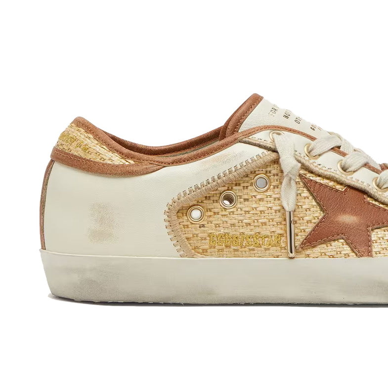 Golden Goose Women's Super-Star in White Leather and Raffia with Brick Red Star and Inserts