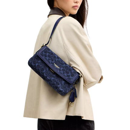 Coach Women's Etta Small Flap Shoulder Bag In Signature Chenille Gold/Navy
