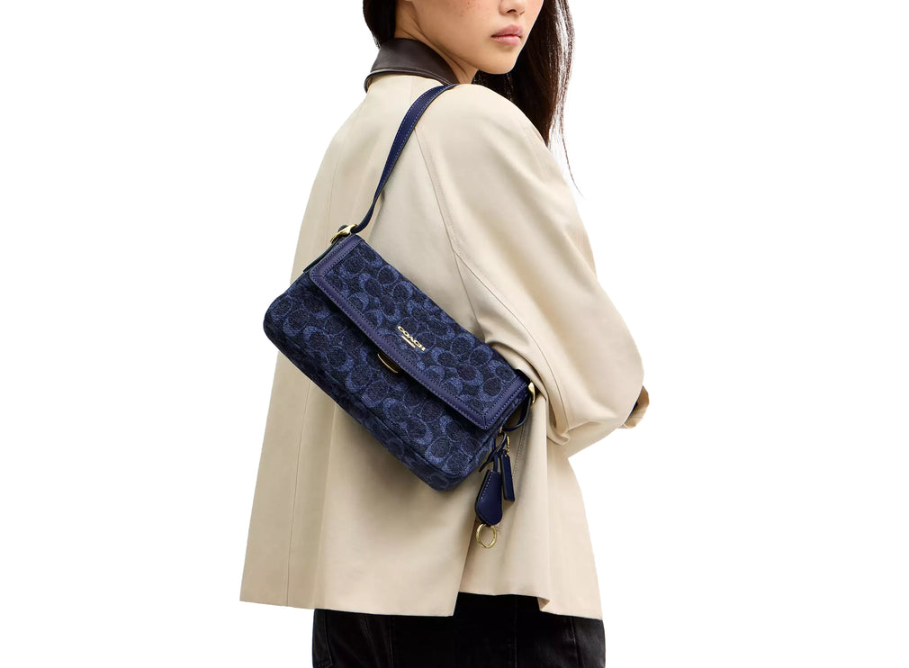 Coach Women's Etta Small Flap Shoulder Bag In Signature Chenille Gold/Navy