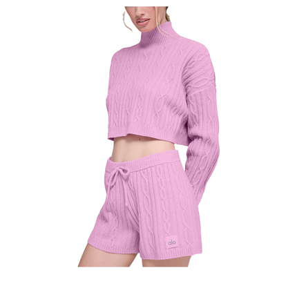 alo Women's Cable Knit Cropped Winter Bliss Turtleneck Long Sleeve Candy Heart Pink