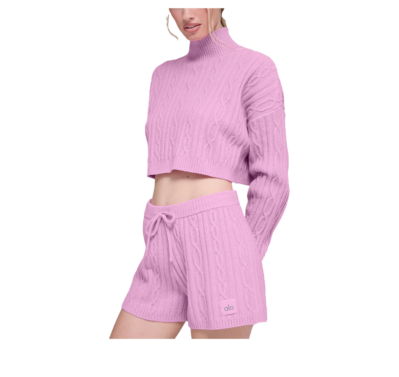 alo Women's Cable Knit Cropped Winter Bliss Turtleneck Long Sleeve Candy Heart Pink