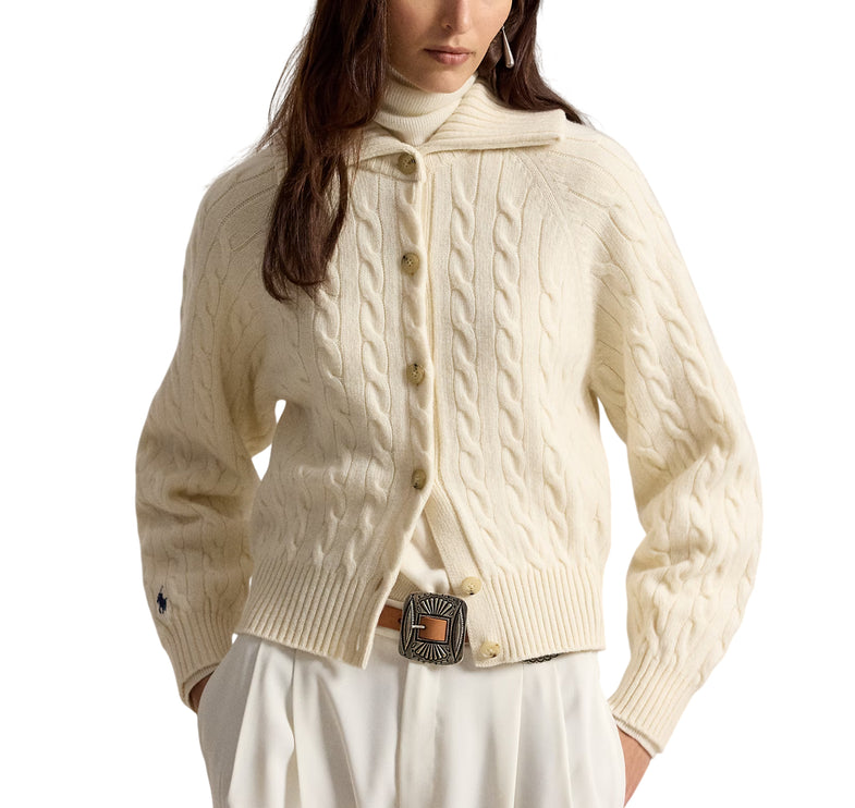 Polo Ralph Lauren Women's Cable Wool-Cashmere Collared Cardigan Authentic Cream