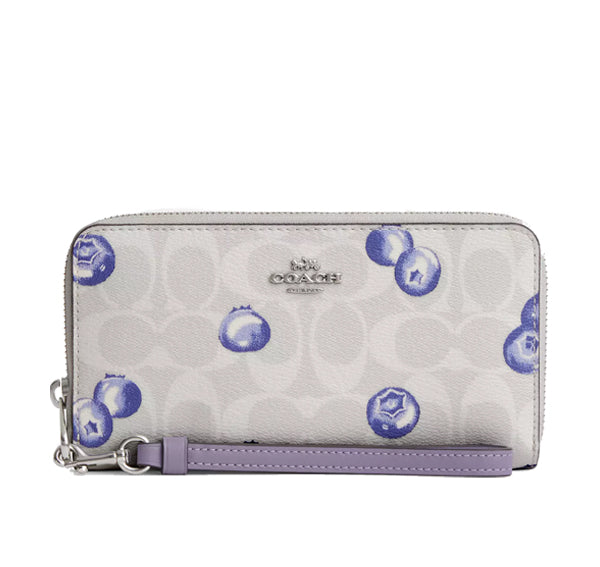 Coach Women's Long Zip Around Wallet In Signature Canvas With Blueberry Print Silver/Chalk/Light Violet