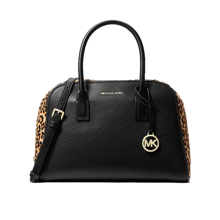 Michael Kors Women's Ashton Medium Leopard Print Calf Hair and Smooth Satchel Bag Camel Multi