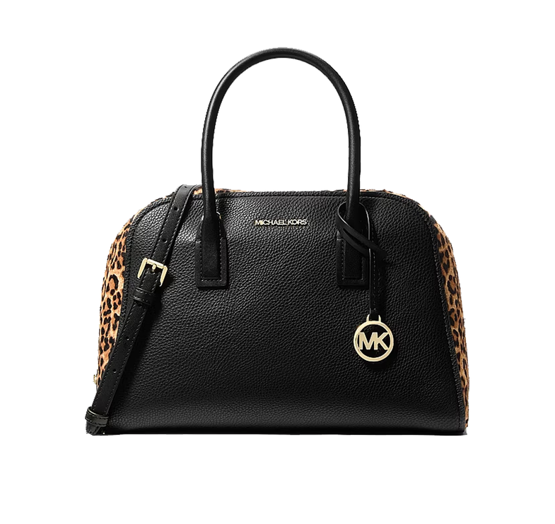 Michael Kors Women's Ashton Medium Leopard Print Calf Hair and Smooth Satchel Bag Camel Multi