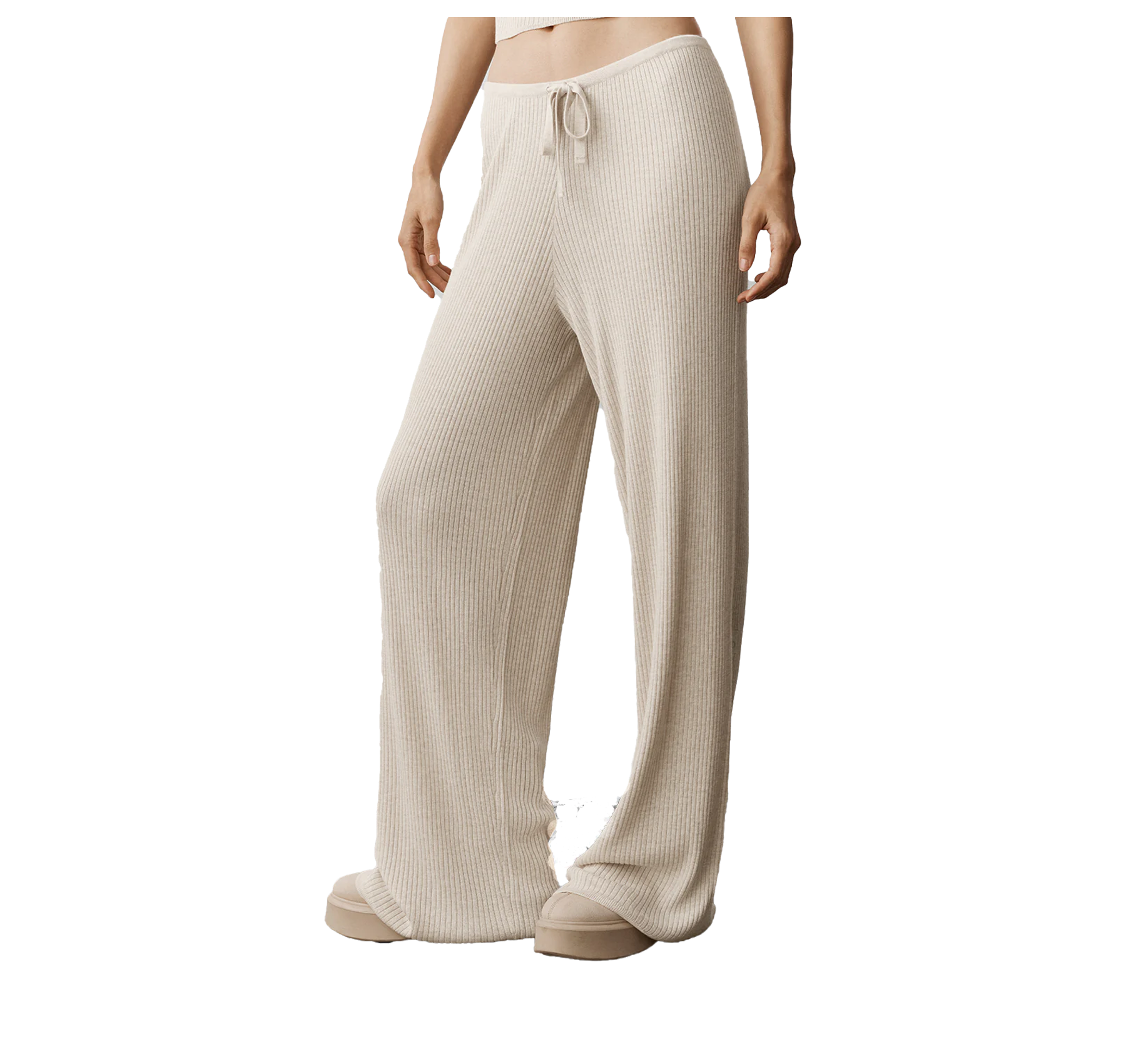 alo Women's Sweater Knit Mid-Rise Unwind Wide Leg Pant Oatmeal