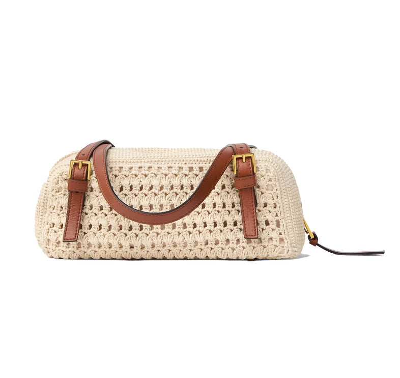 Versace Women's Versace Tag Raffia Bowling Bag Beige