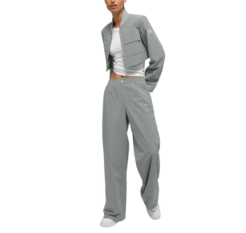 alo Women's Cropped Pinstripe Main Character Full Zip Jacket Lunar Grey/White