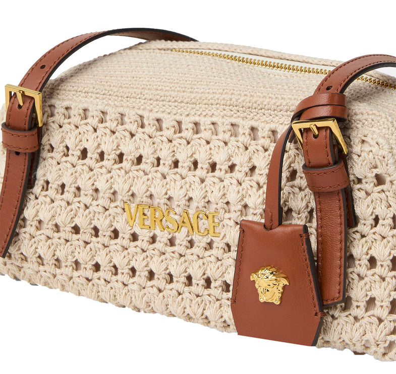 Versace Women's Versace Tag Raffia Bowling Bag Beige