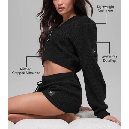 alo Women's Cashmere Plush Waffle Full Zip Hoodie Black