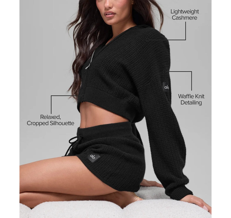 alo Women's Cashmere Plush Waffle Full Zip Hoodie Black