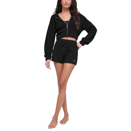 alo Women's Cashmere Plush Waffle Full Zip Hoodie Black