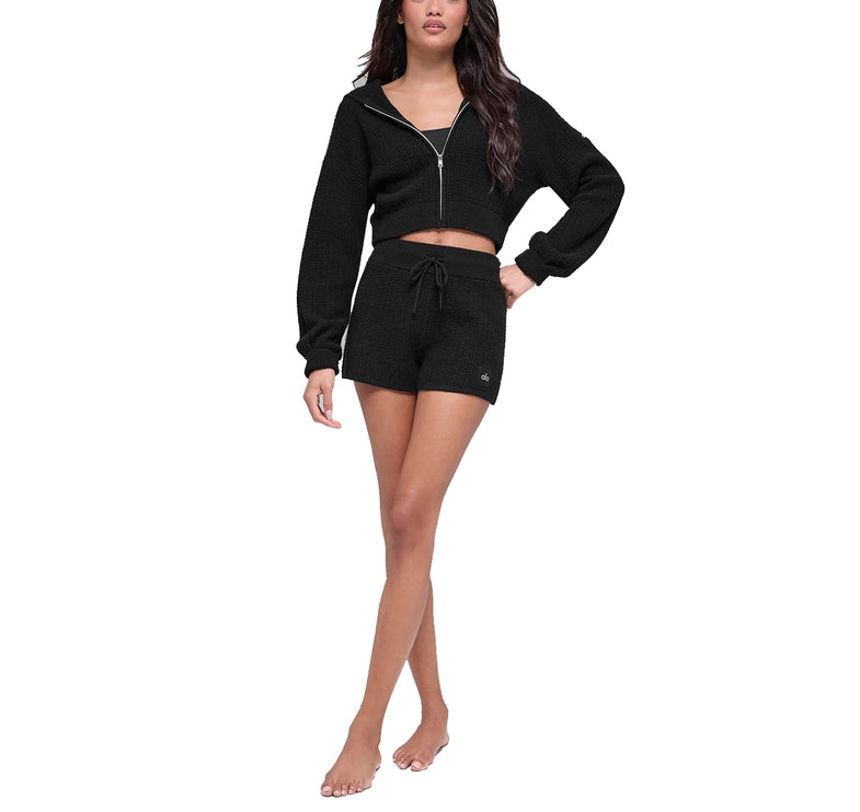 alo Women's Cashmere Plush Waffle Full Zip Hoodie Black