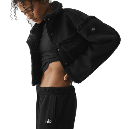 alo Women's Faux Shearling Snowfall Cropped Jacket Black