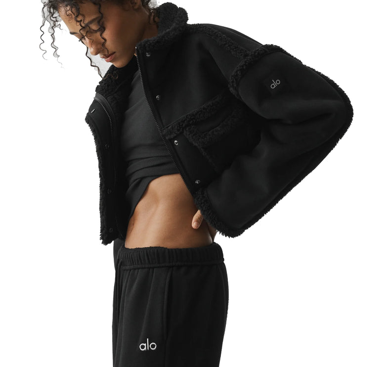 alo Women's Faux Shearling Snowfall Cropped Jacket Black