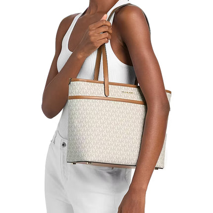 Michael Kors Women's Marlowe Medium Signature Logo Pocket Tote Bag Vanilla/Acorn/Gold