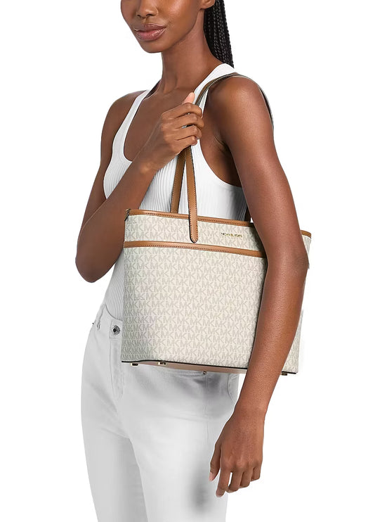 Michael Kors Women's Marlowe Medium Signature Logo Pocket Tote Bag Vanilla/Acorn/Gold