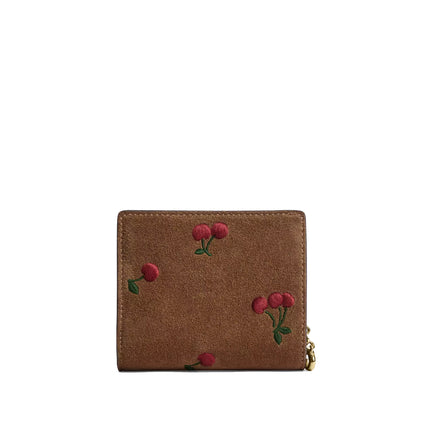 Coach Women's Snap Wallet With Cherry Embroidery Suede/Gold/Cedar Multi