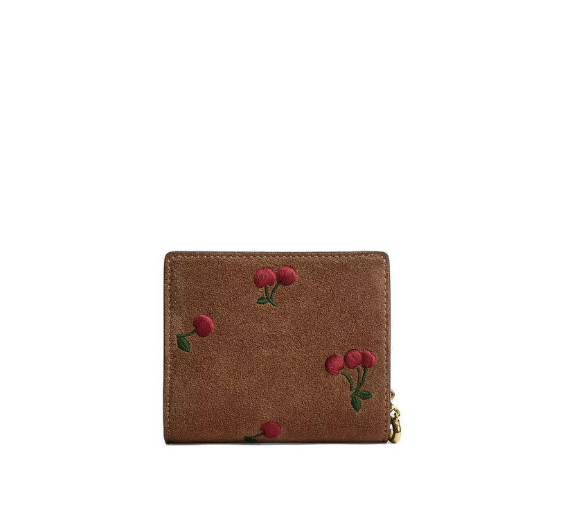 Coach Women's Snap Wallet With Cherry Embroidery Suede/Gold/Cedar Multi