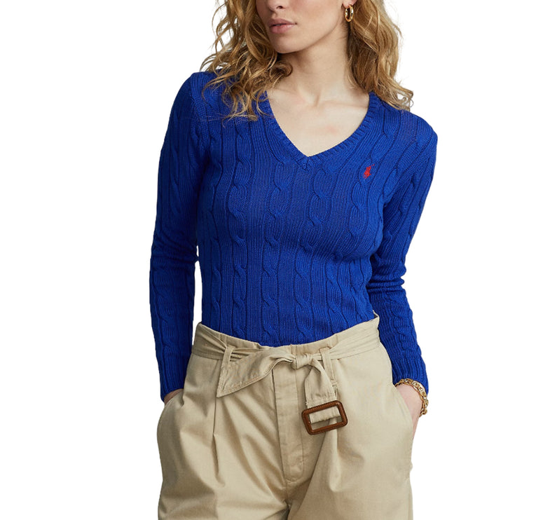 Polo Ralph Lauren Women's Cable-Knit Cotton V-Neck Sweater Rugby Royal