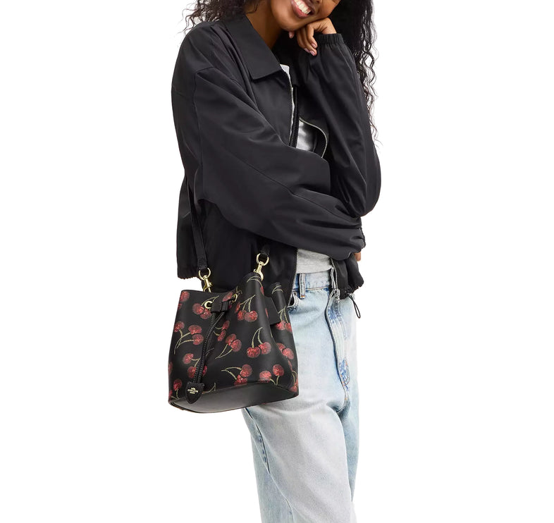 Coach Women's Rowan Bucket Bag With Cherry Print Gold/Black Multi