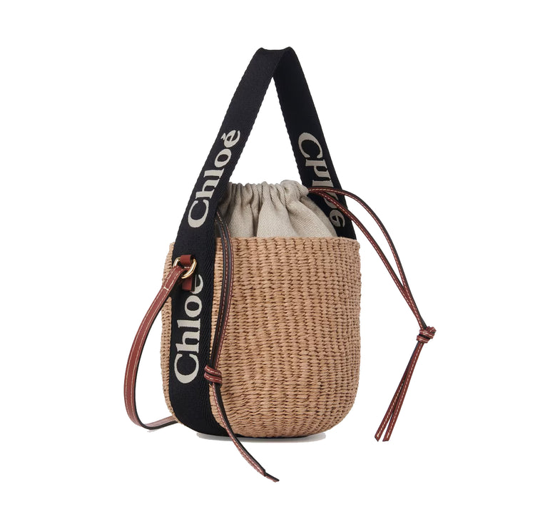 Chloé Women's Small Woody Basket in Natural Fibers Black/Beige