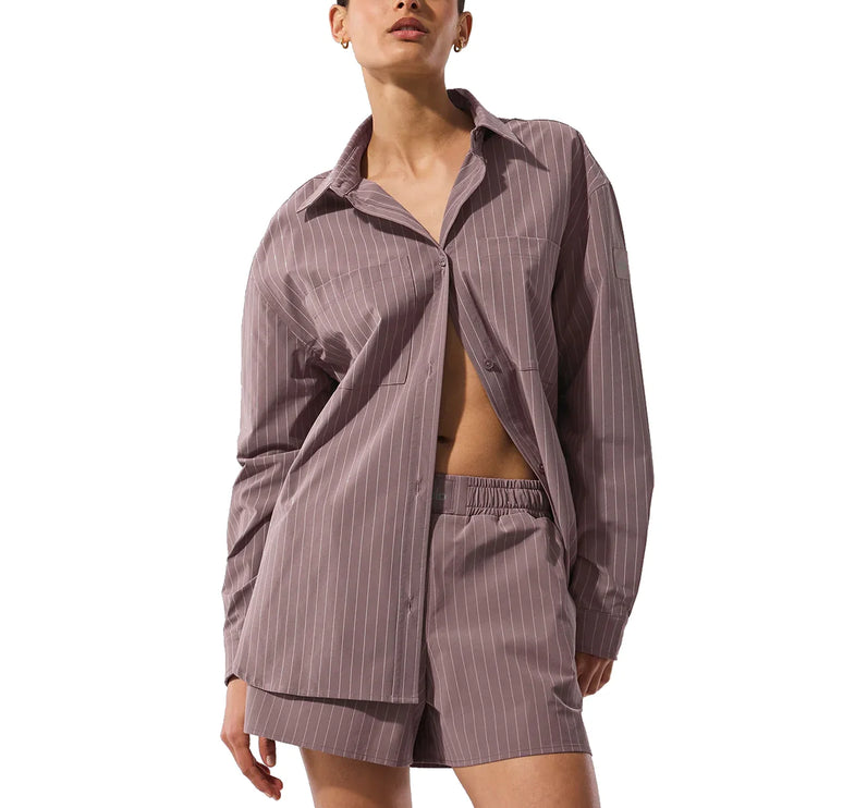 alo Women's Pinstripe Daylight Button Down Long Sleeve Mushroom/Ivory