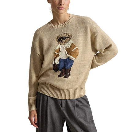 Polo Ralph Lauren Women's Winter Polo Bear Crewneck Sweater Tan Multi