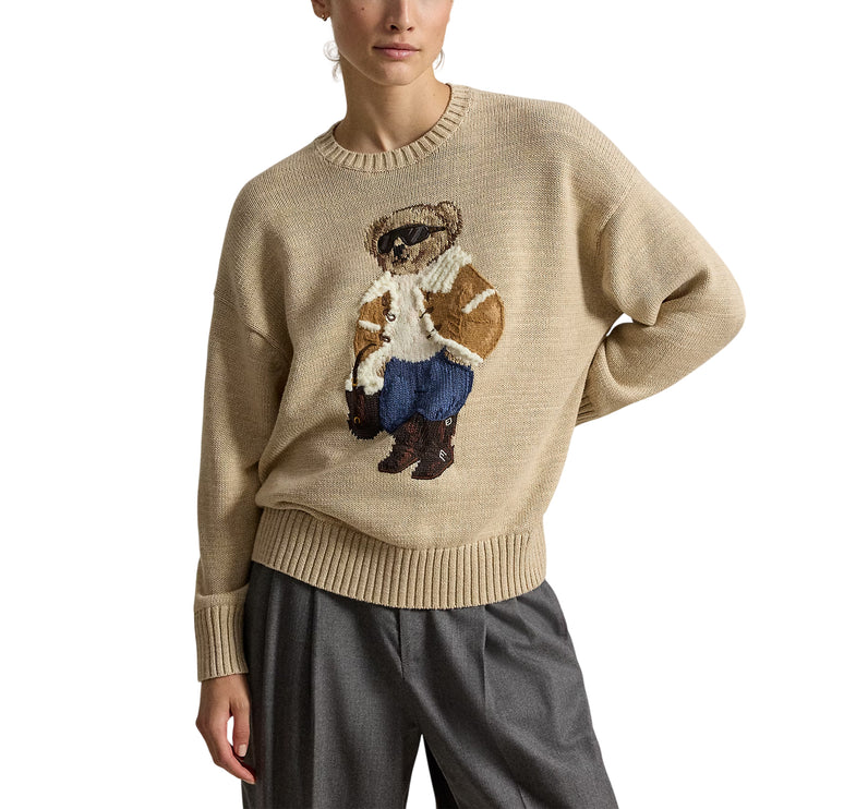 Polo Ralph Lauren Women's Winter Polo Bear Crewneck Sweater Tan Multi