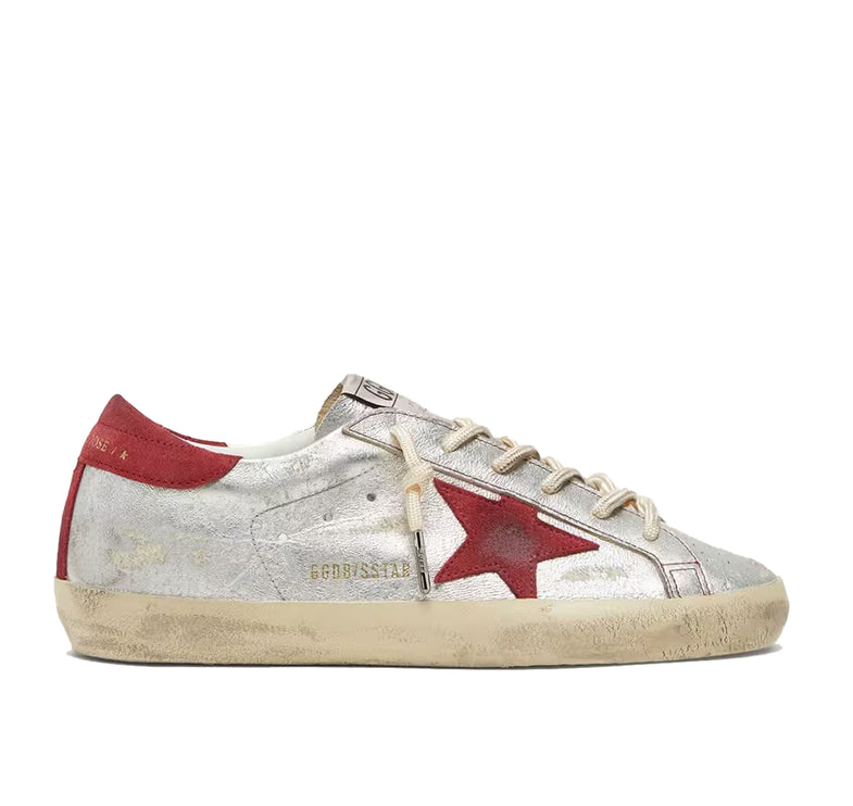 Golden Goose Women's Super-Star LTD in Metallic Silver Leather with Red Suede Star