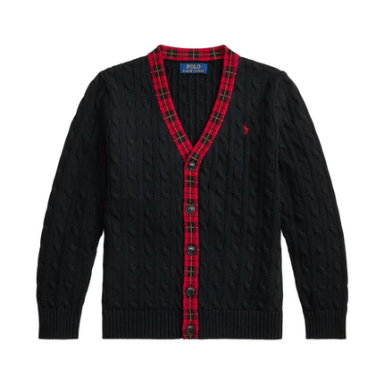 Polo Ralph Lauren Boy's Plaid-Trim Cable Cotton Cardigan Polo Black Multi