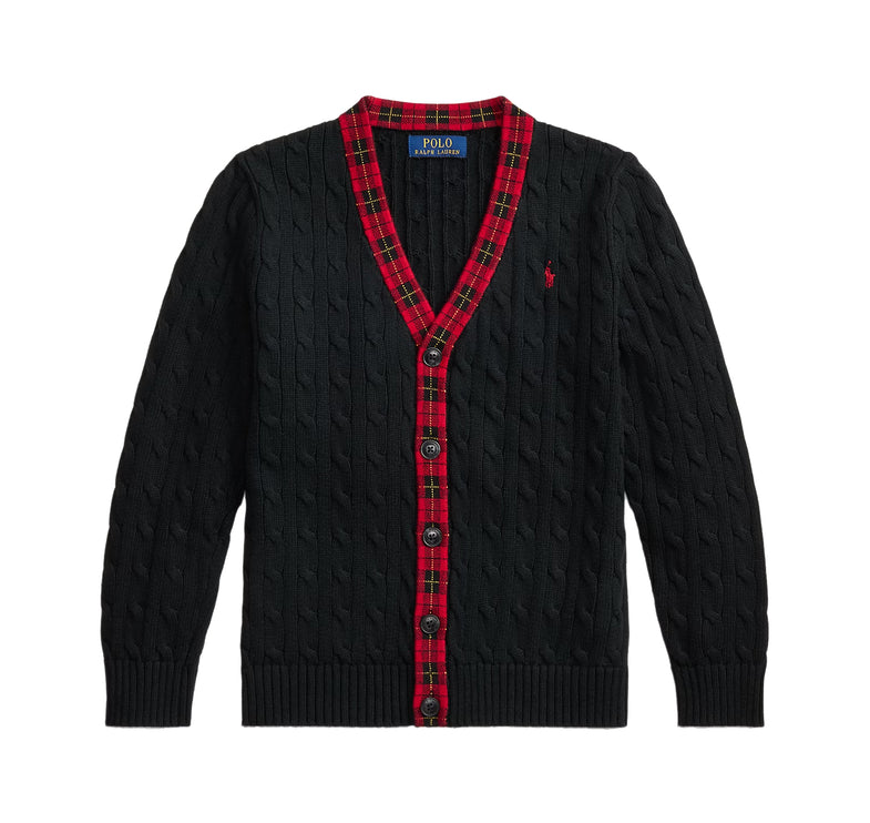 Polo Ralph Lauren Boy's Plaid-Trim Cable Cotton Cardigan Polo Black Multi