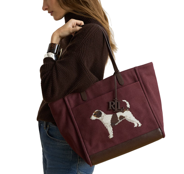 Polo Ralph Lauren Women's Dog-Embroidered Large Cameryn Tote Bag Dark Garnet/Brown