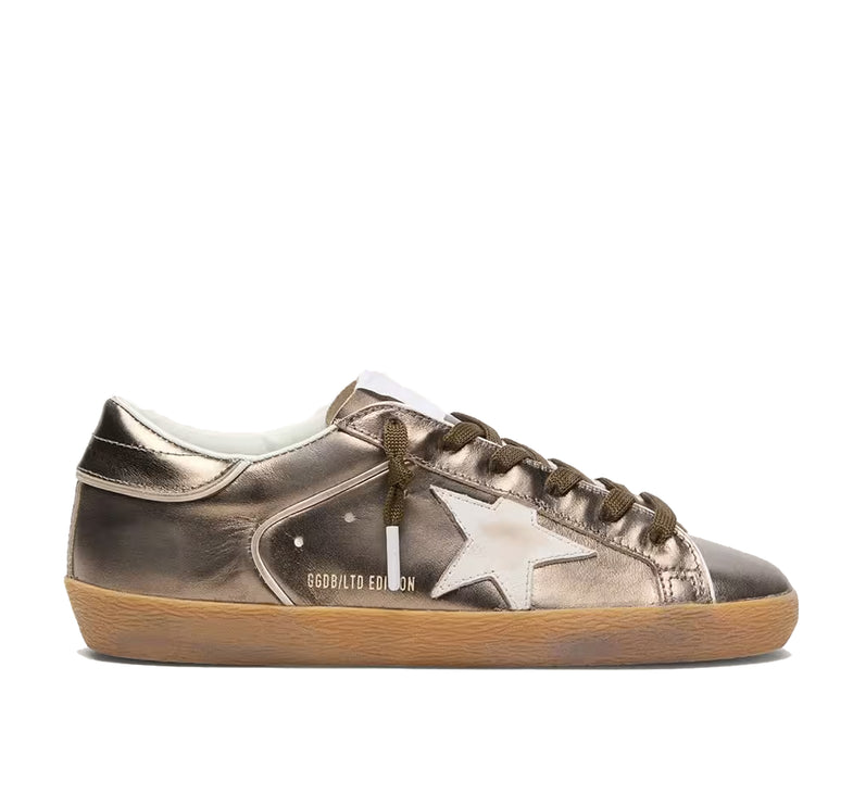 Golden Goose Women's Super-Star Star LTD in Olive-Green Laminated Leather with White Star