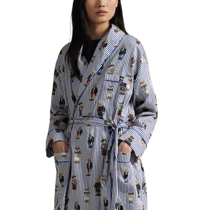 Polo Ralph Lauren Women's Striped Polo Bear Cotton Sateen Robe Snowfall Blue
