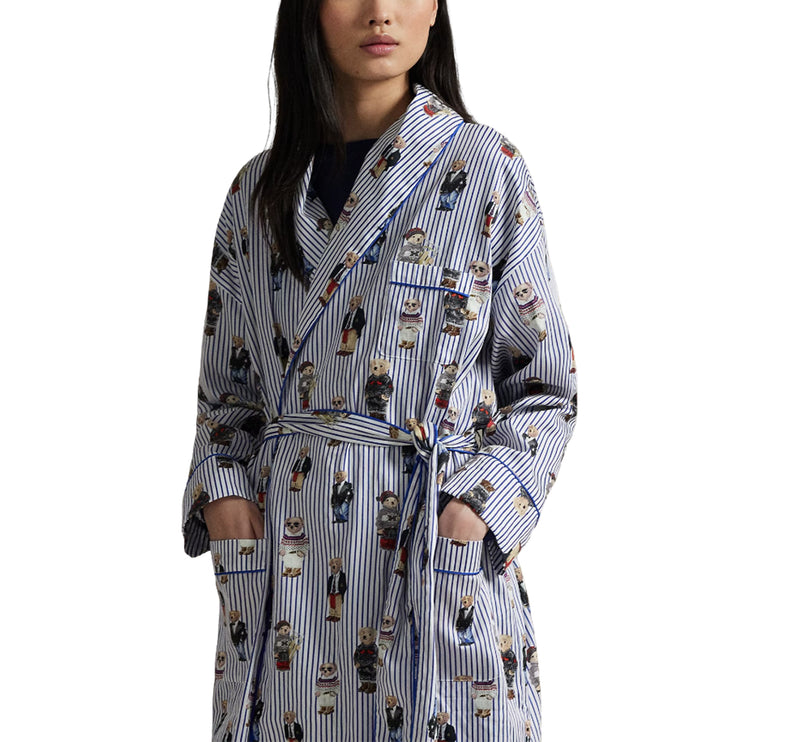 Polo Ralph Lauren Women's Striped Polo Bear Cotton Sateen Robe Snowfall Blue
