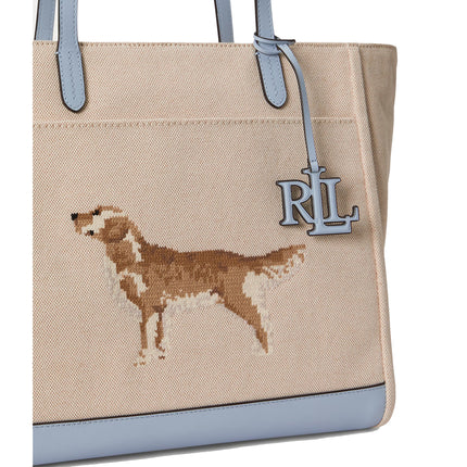 Polo Ralph Lauren Women's Dog-Embroidered Large Cameryn Tote Bag Natural/Canvas/Alpine Blue