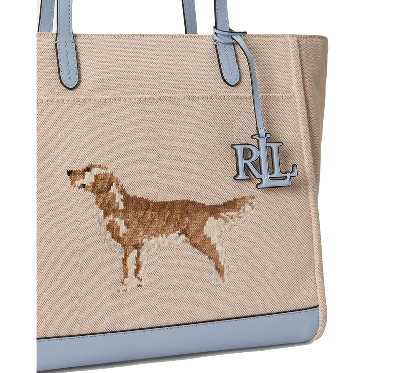 Polo Ralph Lauren Women's Dog-Embroidered Large Cameryn Tote Bag Natural/Canvas/Alpine Blue